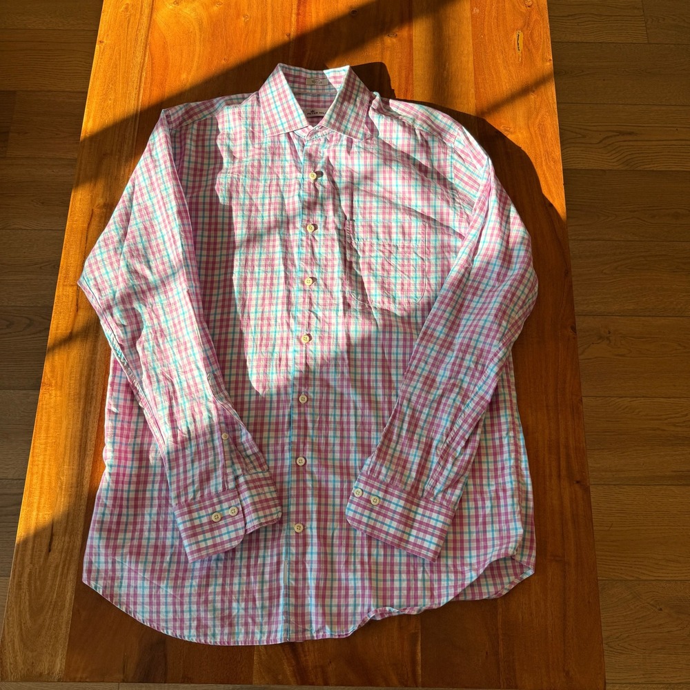 Peter Millar Men's Pink/Blue Plaid Long Sleeve Dress Shirt Size L
